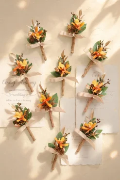 Boutonnieres for Guests in Burnt Orange & Gold | Clearance