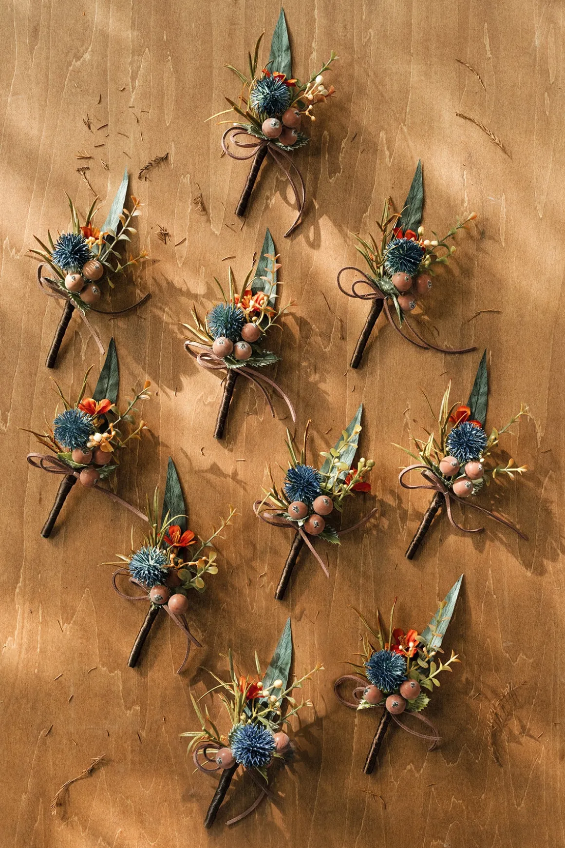 Boutonnieres for Guests in Dark Teal & Burnt Orange | Clearance