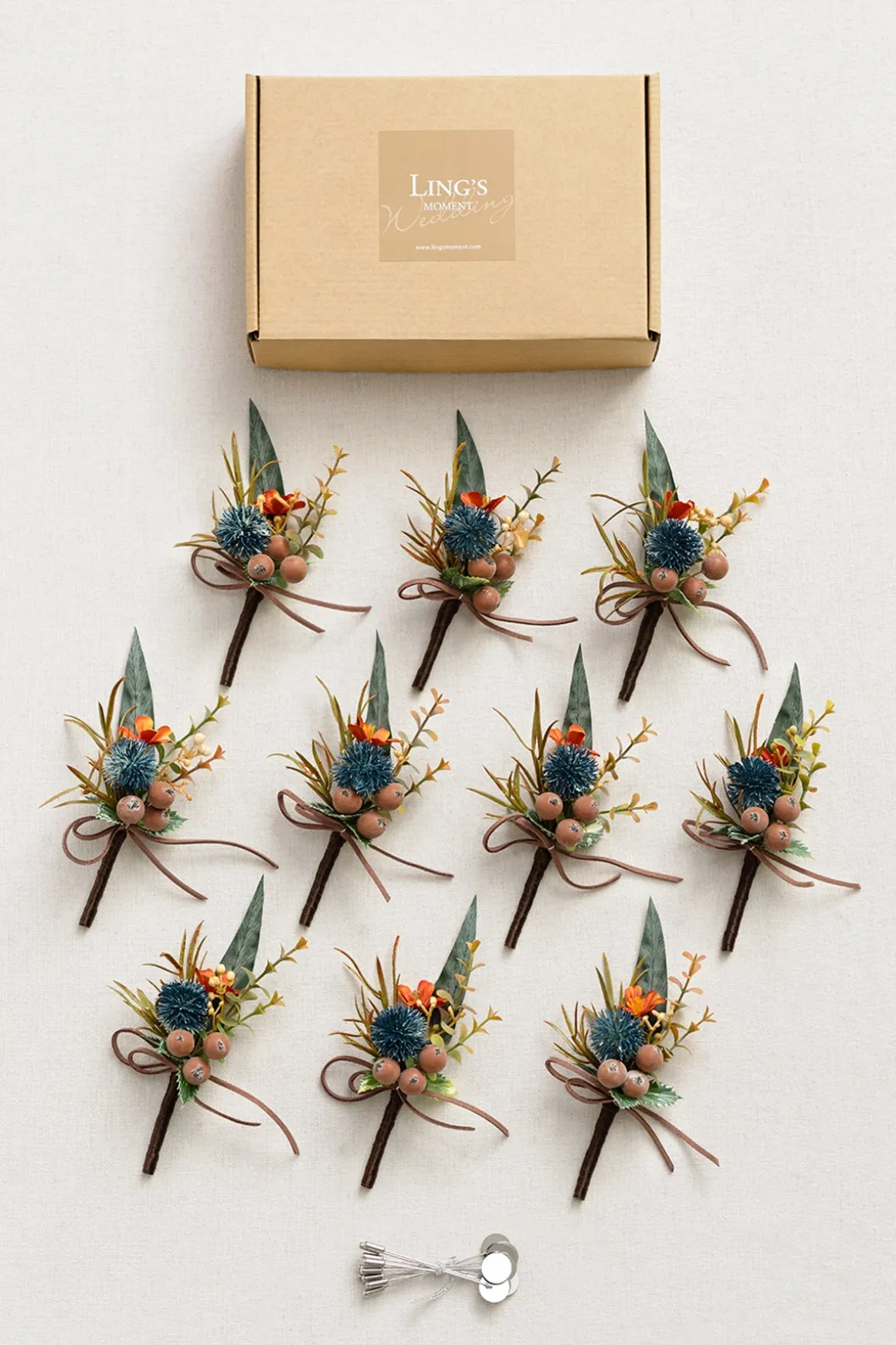 Boutonnieres for Guests in Dark Teal & Burnt Orange | Clearance