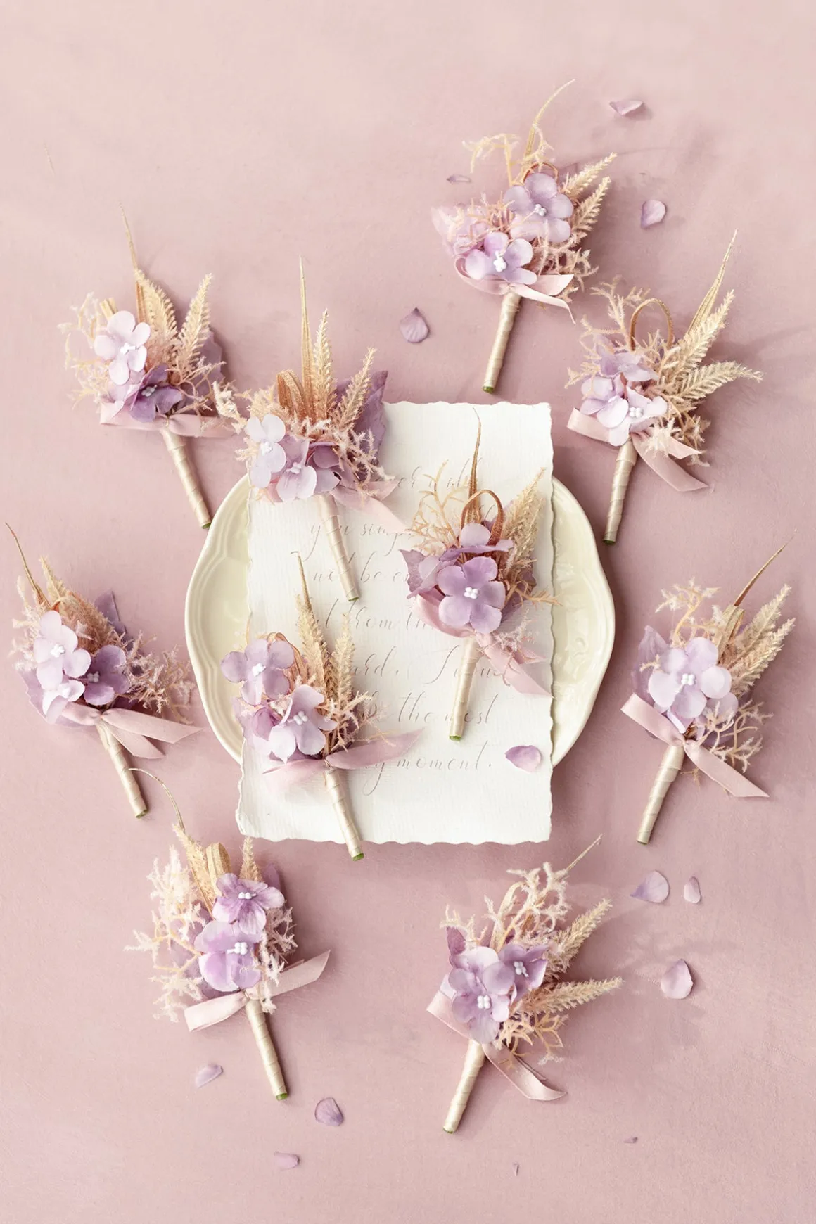 Boutonnieres for Guests in Lavender Aster & Burnt Orange | Clearance