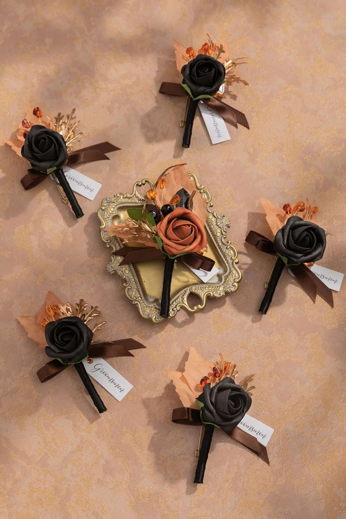 Boutonnieres in Black & Pumpkin Orange