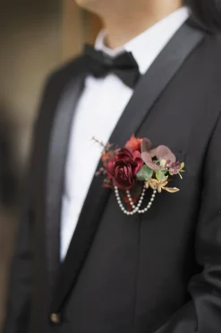 Boutonnieres in Burgundy & Dusty Rose