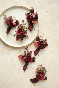 Boutonnieres in Burgundy & Dusty Rose