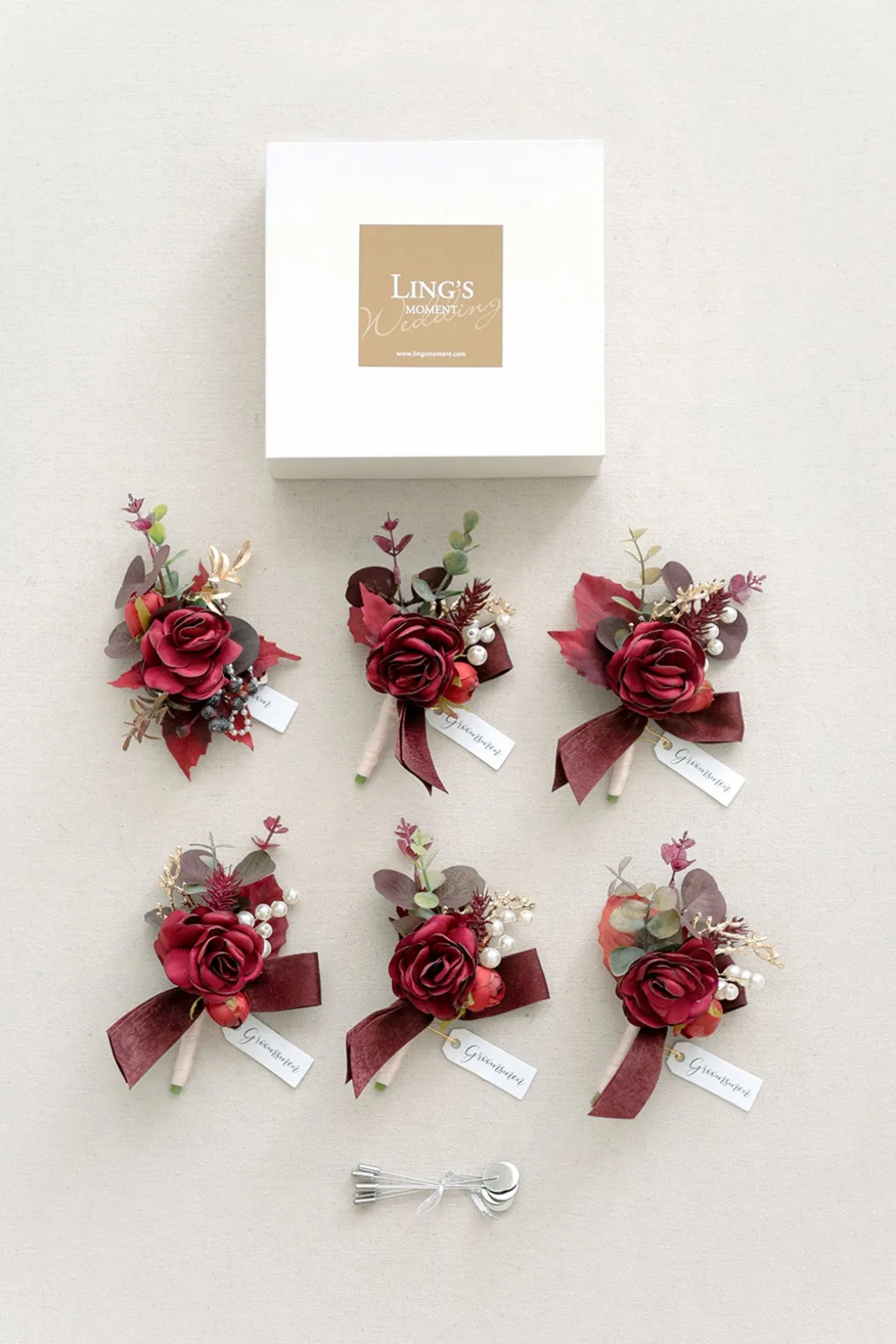 Boutonnieres in Burgundy & Dusty Rose