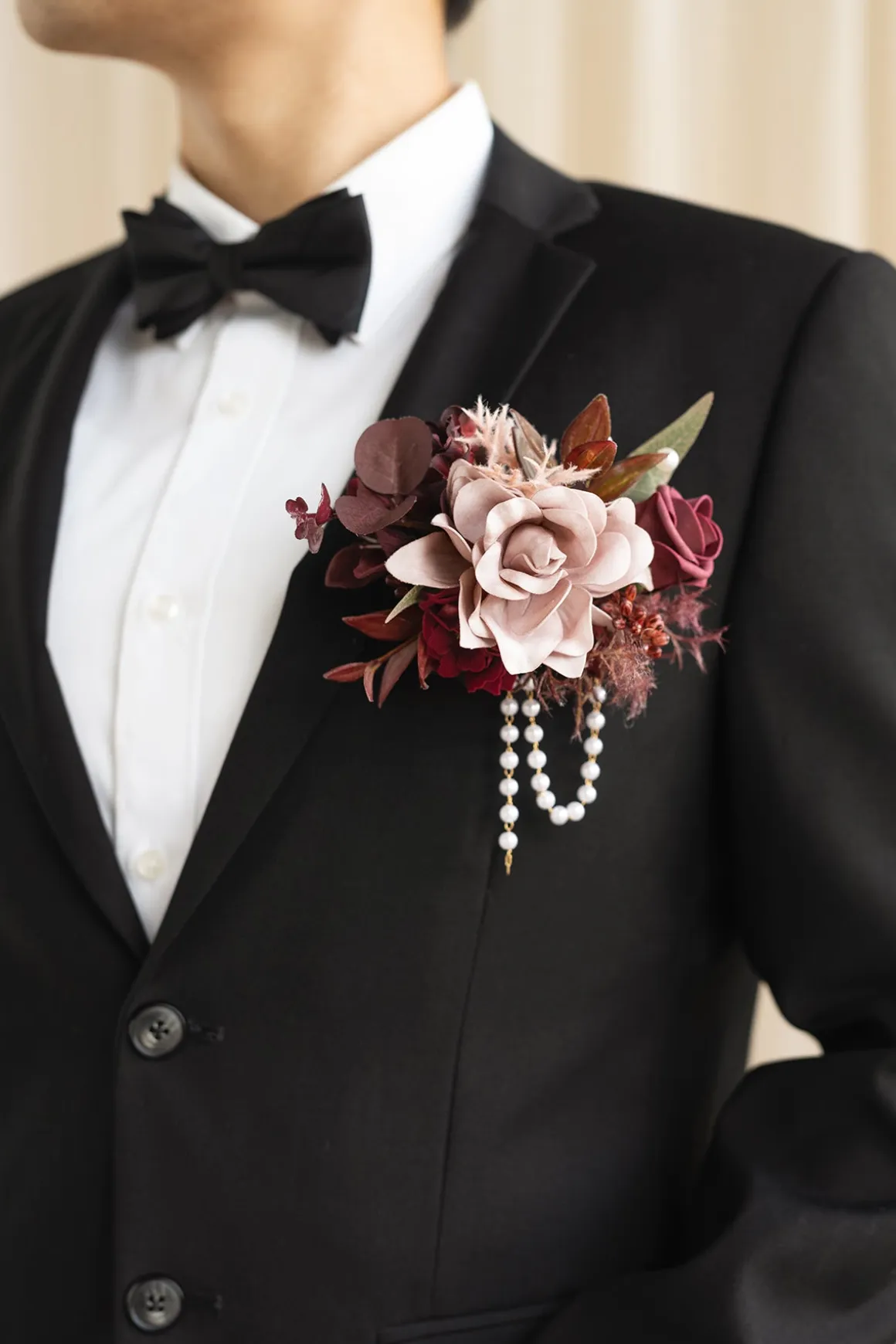 Boutonnieres in Burgundy & Dusty Rose
