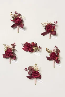 Boutonnieres in Burgundy & Dusty Rose