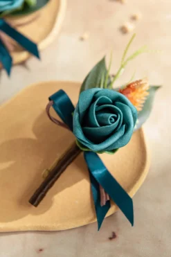 Boutonnieres in Dark Teal & Burnt Orange | Clearance