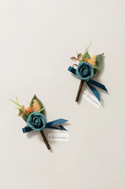 Boutonnieres in Dark Teal & Burnt Orange | Clearance