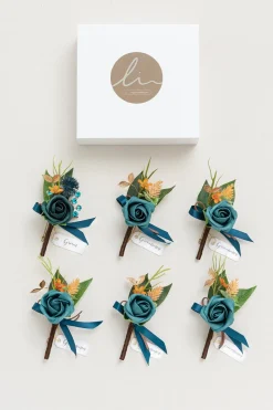 Boutonnieres in Dark Teal & Burnt Orange