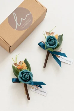 Boutonnieres in Dark Teal & Burnt Orange