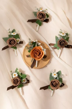 Boutonnieres in Earth Brown & Burnt Orange Velvet Wedding (Set of 6)