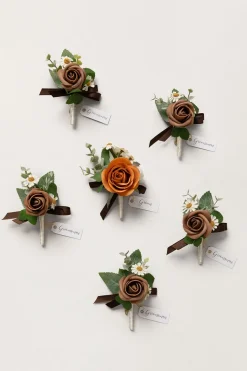 Boutonnieres in Earth Brown & Burnt Orange Velvet Wedding (Set of 6)
