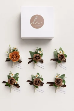Boutonnieres in Earth Brown & Burnt Orange Velvet Wedding (Set of 6)