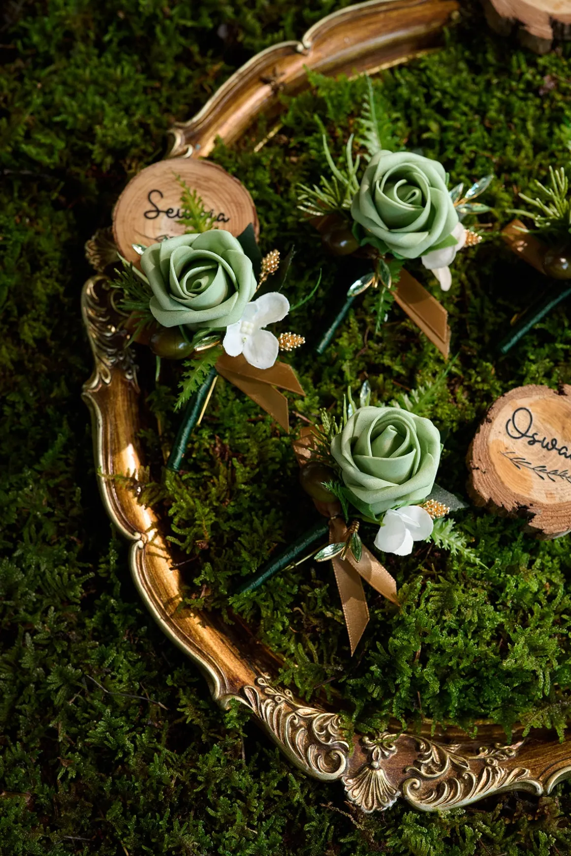 Boutonnieres in Forest Green & Gold | Clearance