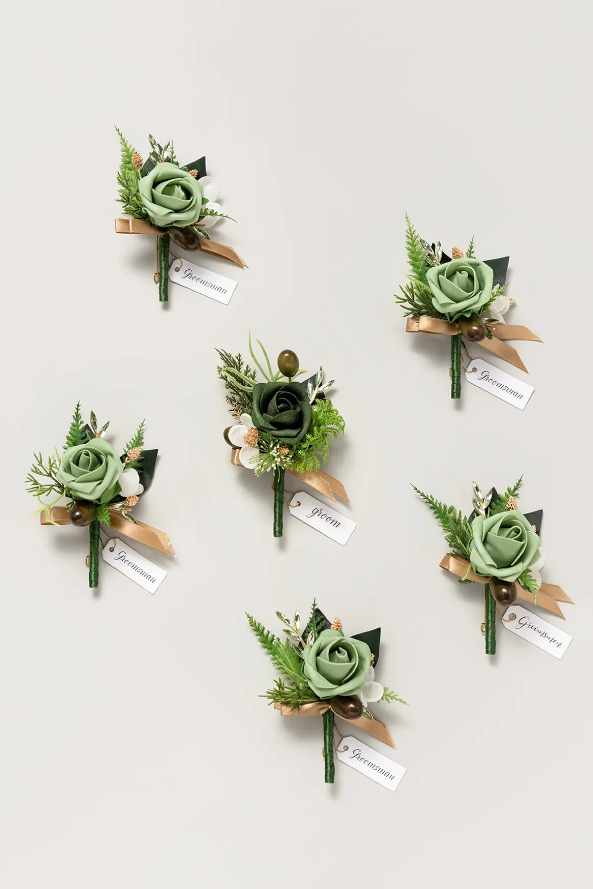 Boutonnieres in Forest Green & Gold | Clearance