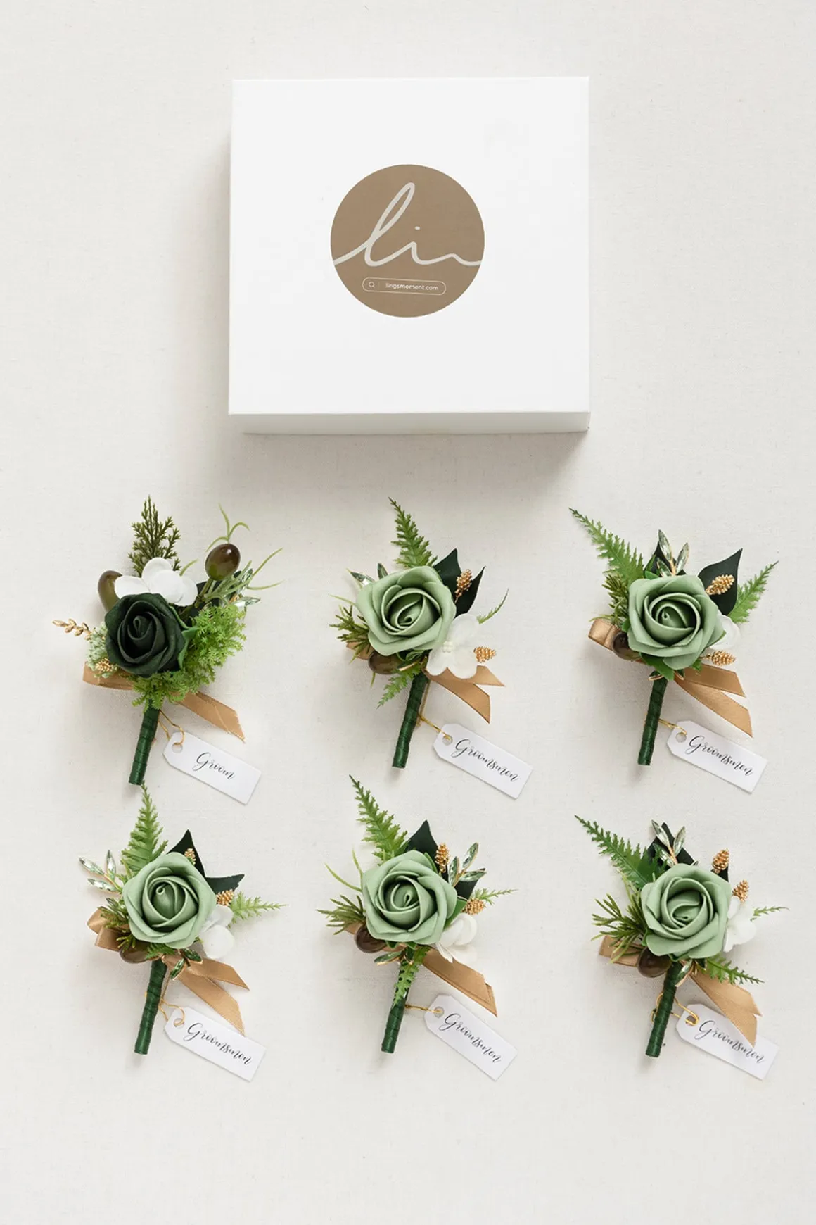 Boutonnieres in Forest Green & Gold | Clearance