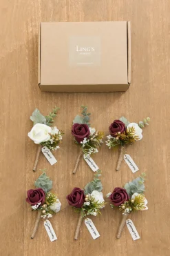 Boutonnieres in Ivory & Burgundy (Set of 6)