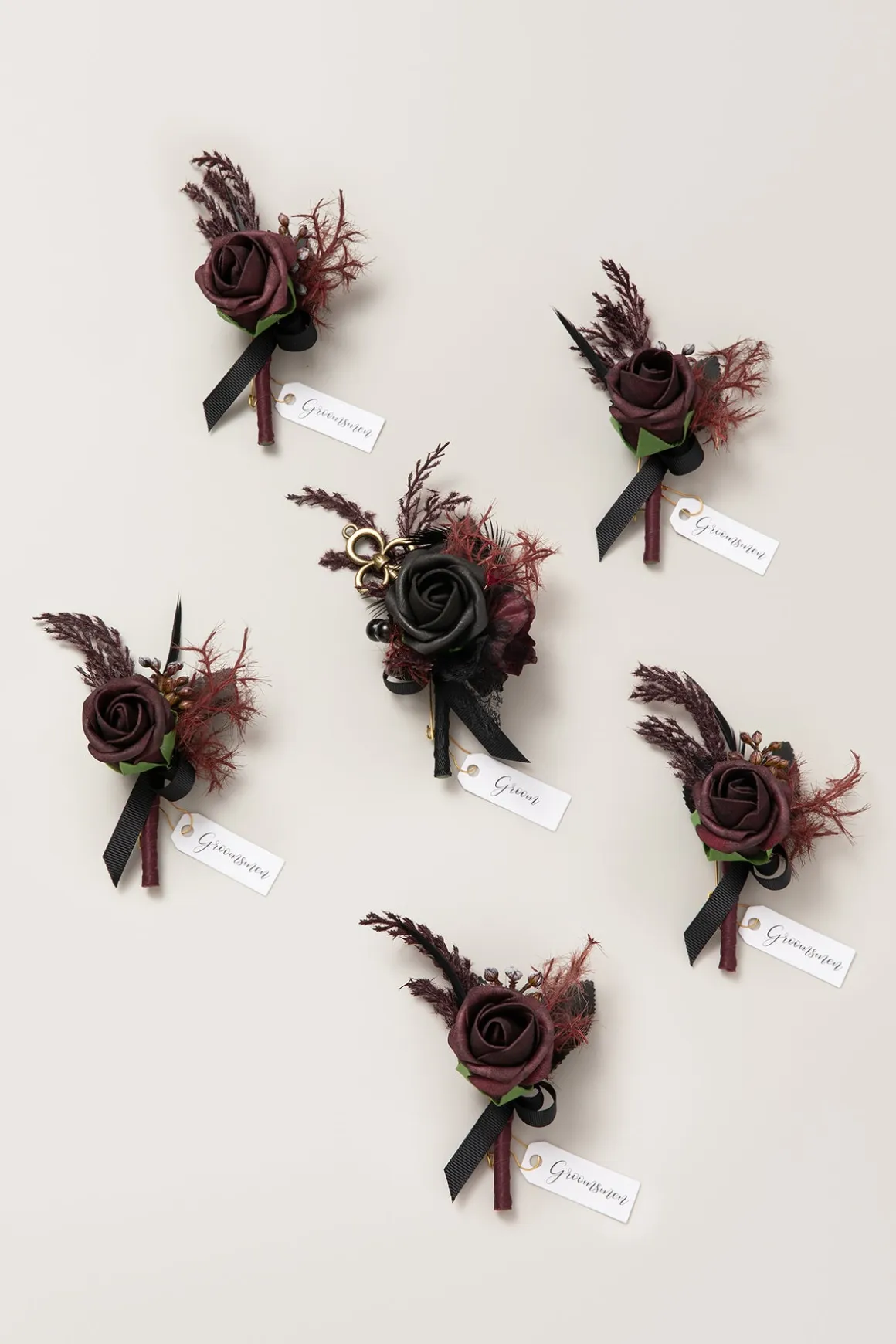 Boutonnieres in Moody Burgundy & Black