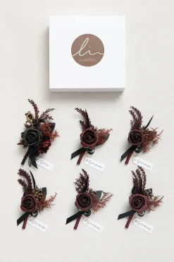 Boutonnieres in Moody Burgundy & Black