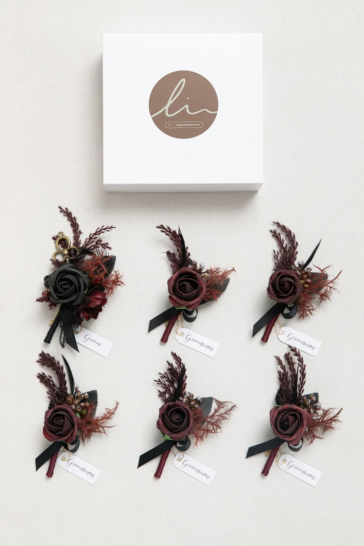 Boutonnieres in Moody Burgundy & Black