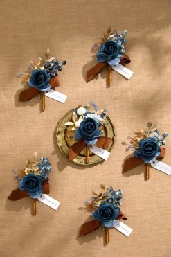 Boutonnieres in Russet Orange & Denim Blue | Clearance