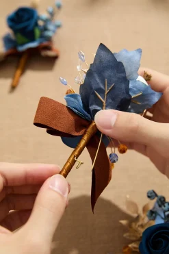 Boutonnieres in Russet Orange & Denim Blue | Clearance