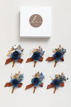 Boutonnieres in Russet Orange & Denim Blue | Clearance