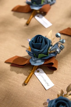 Boutonnieres in Russet Orange & Denim Blue | Clearance