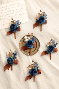 Boutonnieres in Russet Orange & Denim Blue