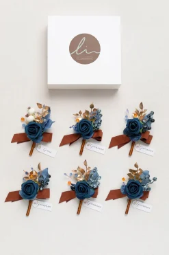 Boutonnieres in Russet Orange & Denim Blue