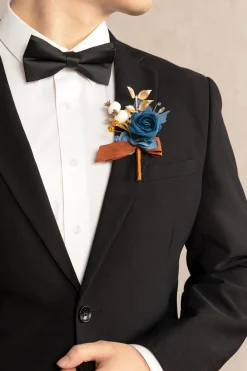 Boutonnieres in Russet Orange & Denim Blue