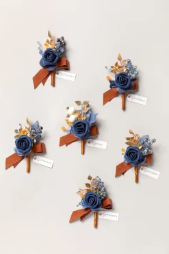 Boutonnieres in Russet Orange & Denim Blue