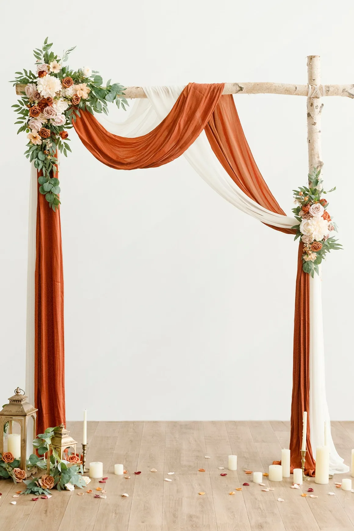 Flower Arch Decor with Drapes in Sunset Terracotta