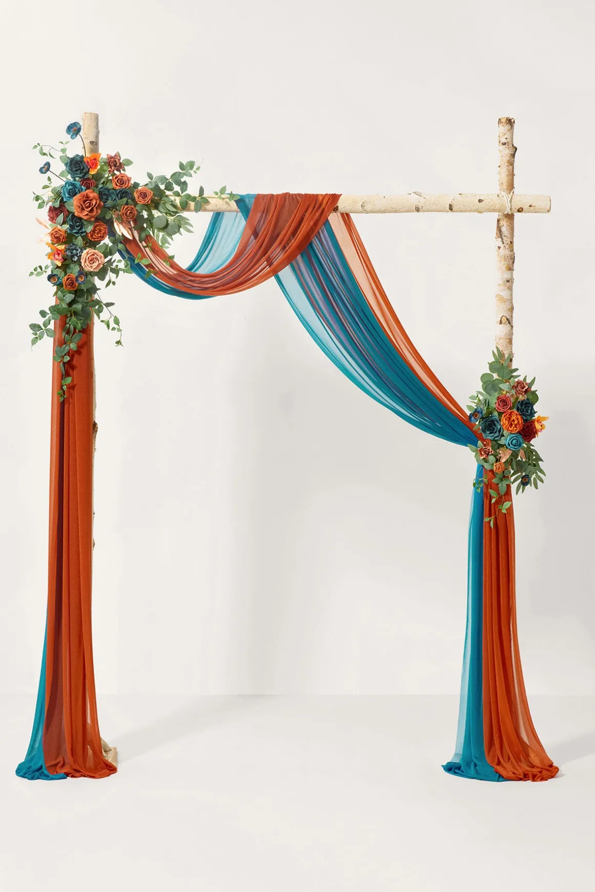 Flower Arch Decor with Drapes in Dark Teal & Burnt Orange
