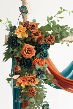 Flower Arch Decor with Drapes in Dark Teal & Burnt Orange