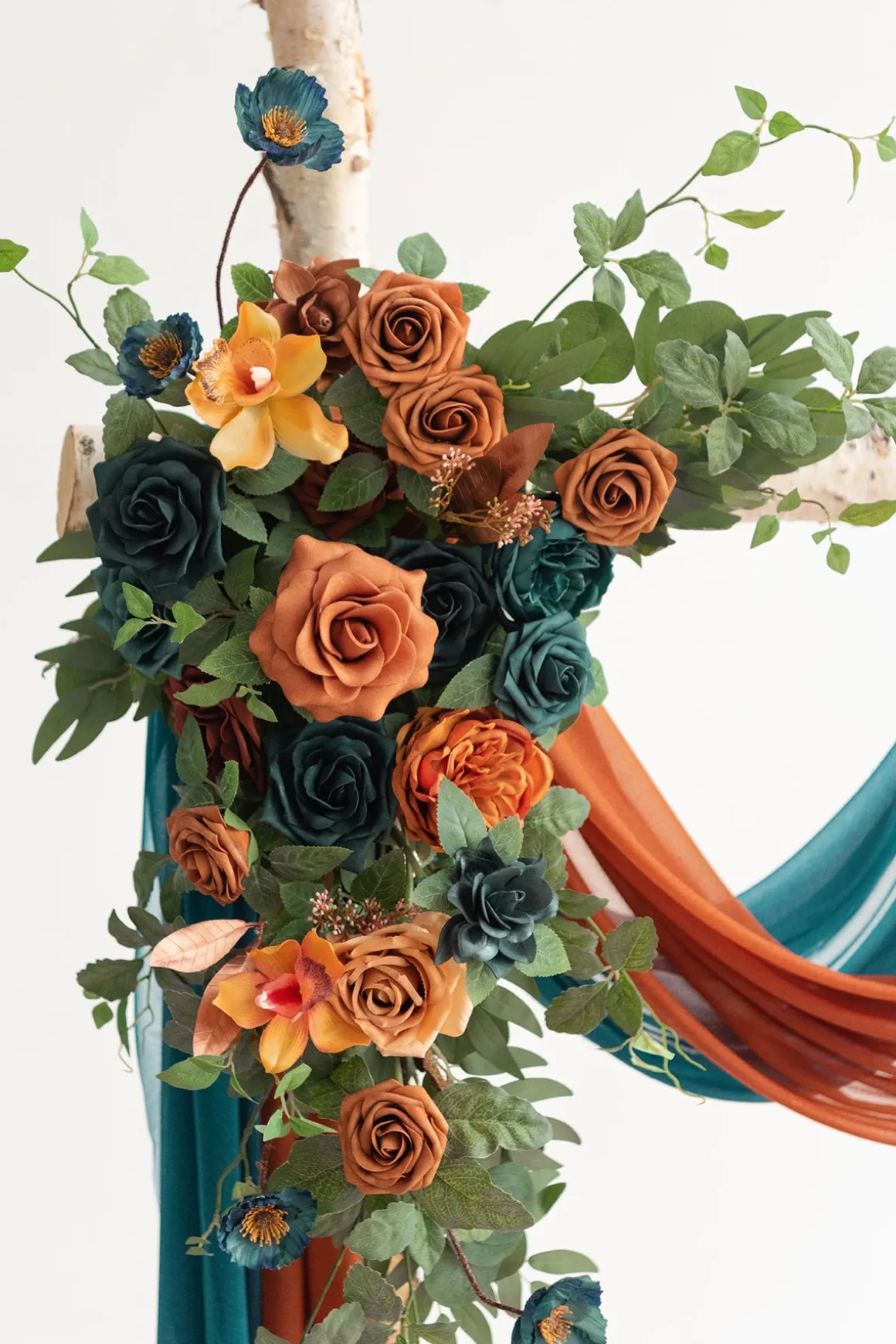 Flower Arch Decor with Drapes in Dark Teal & Burnt Orange