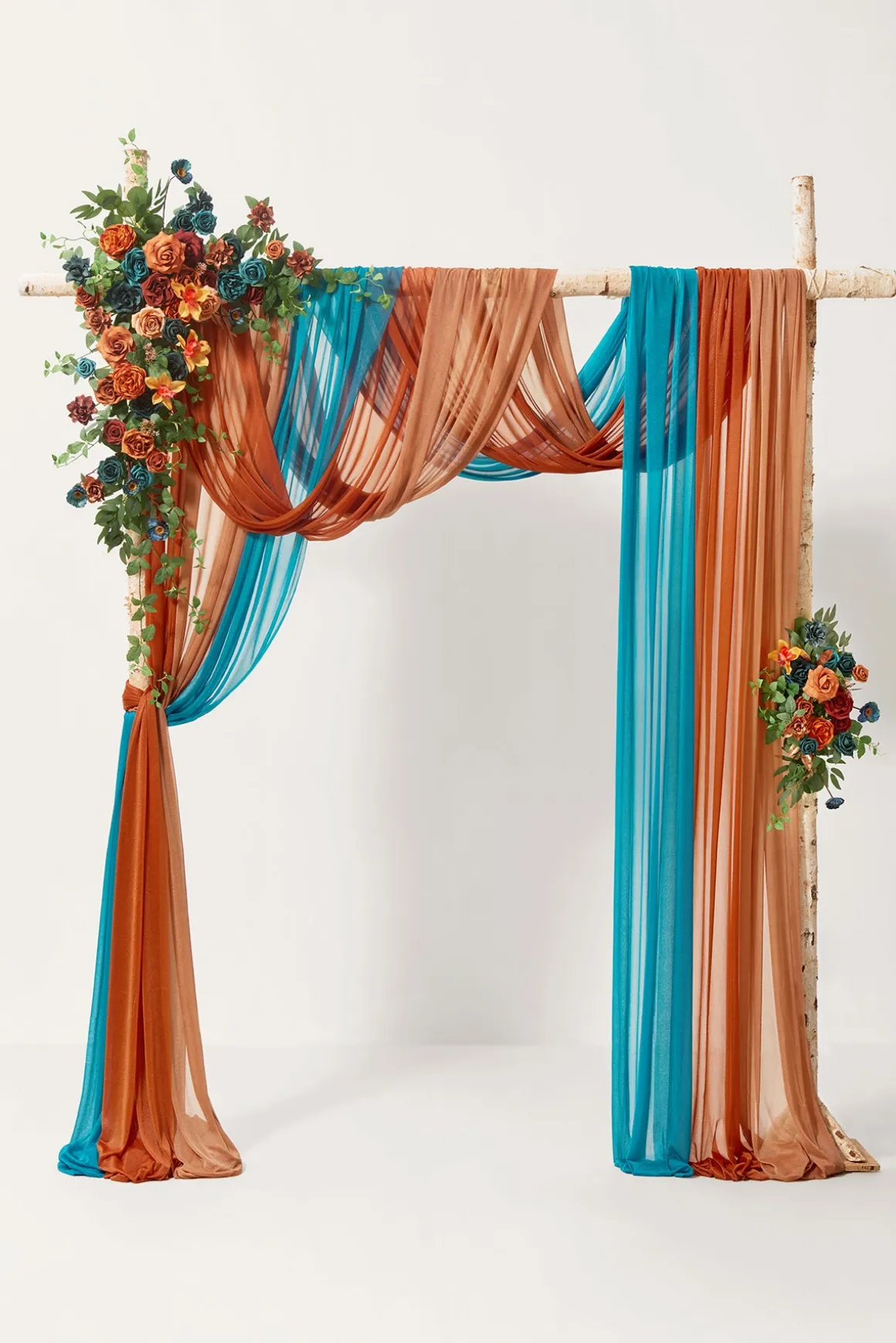 Flower Arch Decor with Drapes in Dark Teal & Burnt Orange
