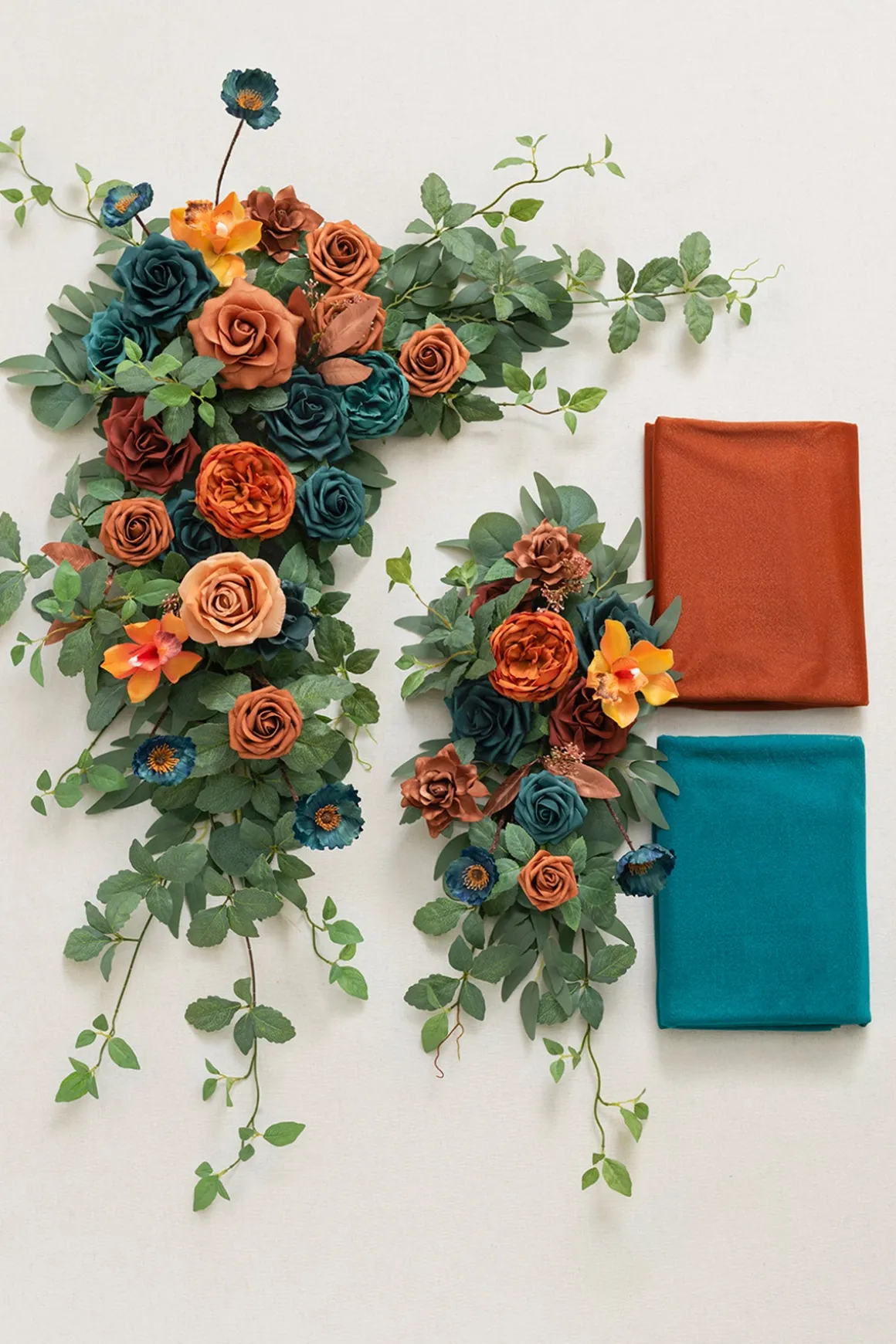 Flower Arch Decor with Drapes in Dark Teal & Burnt Orange