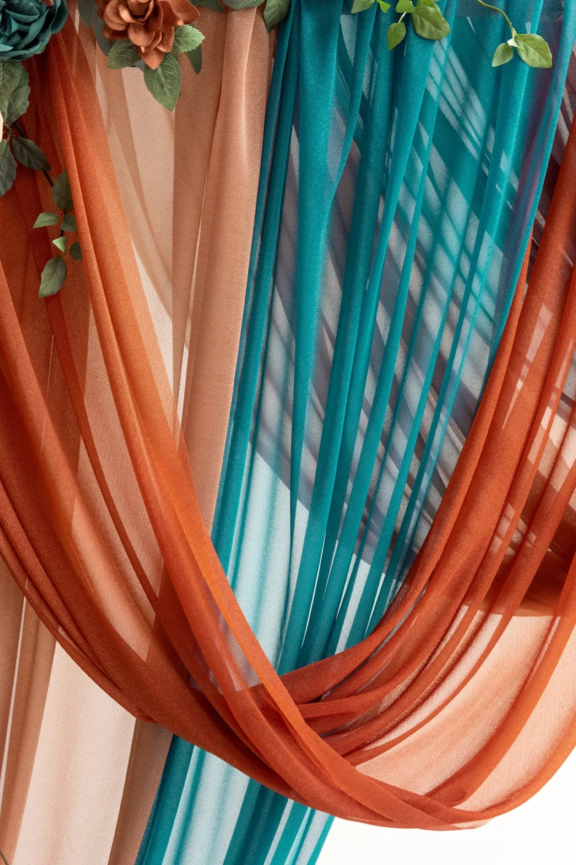 Flower Arch Decor with Drapes in Dark Teal & Burnt Orange