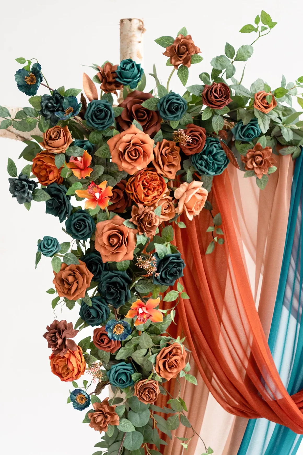 Flower Arch Decor with Drapes in Dark Teal & Burnt Orange