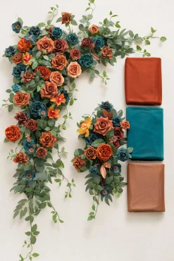 Flower Arch Decor with Drapes in Dark Teal & Burnt Orange
