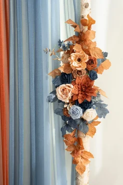 Flower Arch Decor with Drapes in Russet Orange & Denim Blue