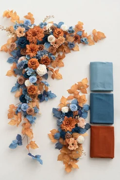 Flower Arch Decor with Drapes in Russet Orange & Denim Blue