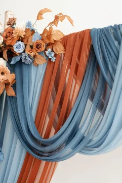 Flower Arch Decor with Drapes in Russet Orange & Denim Blue