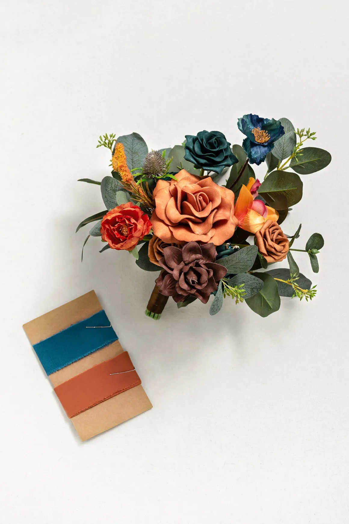 Free-Form Bridesmaid Bouquets in Dark Teal & Burnt Orange
