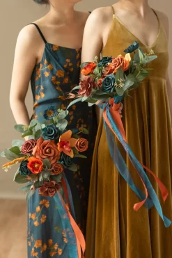 Free-Form Bridesmaid Bouquets in Dark Teal & Burnt Orange