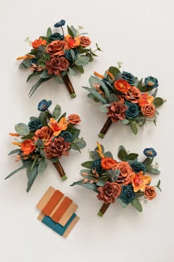 Free-Form Bridesmaid Bouquets in Dark Teal & Burnt Orange