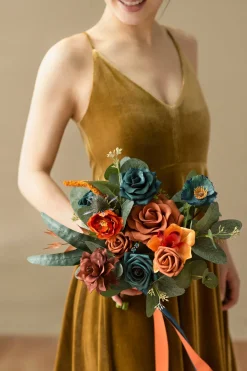 Free-Form Bridesmaid Bouquets in Dark Teal & Burnt Orange