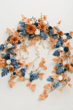 9ft Head Table Flower Garland in Russet Orange & Denim Blue | Clearance