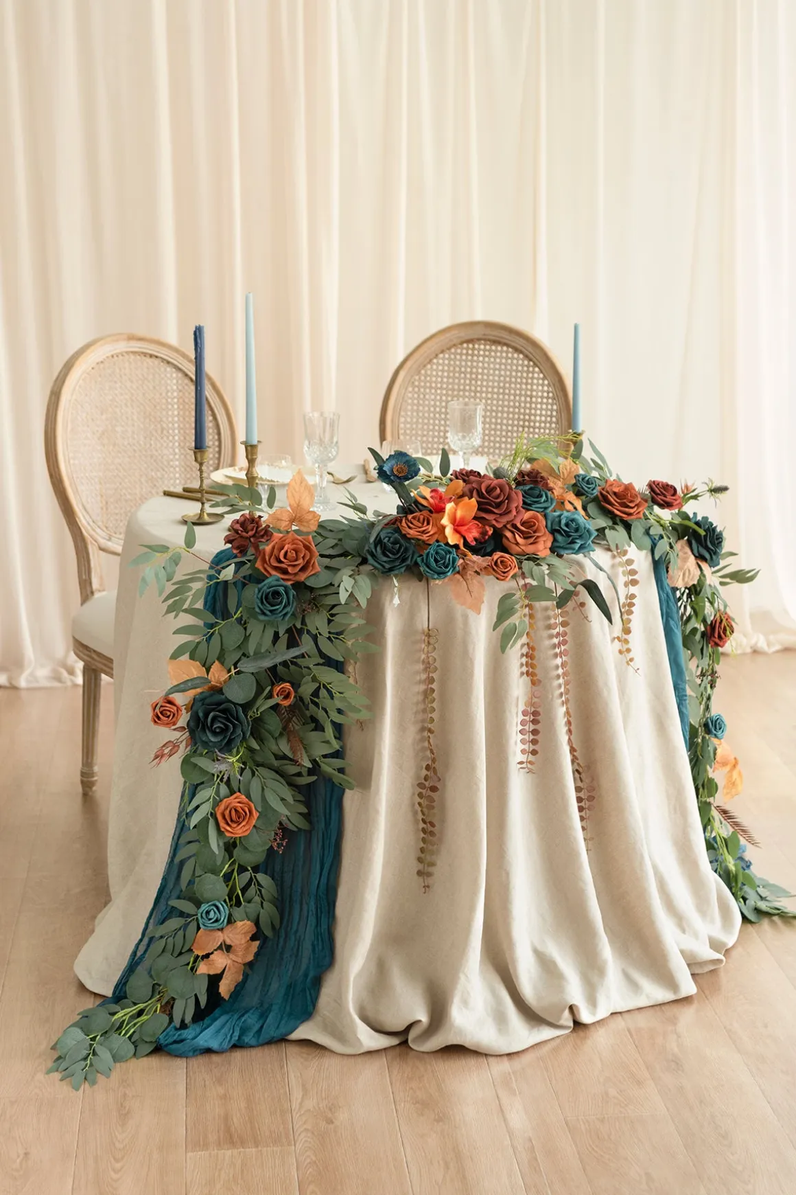 9ft Head Table Flower Garland in Dark Teal & Burnt Orange